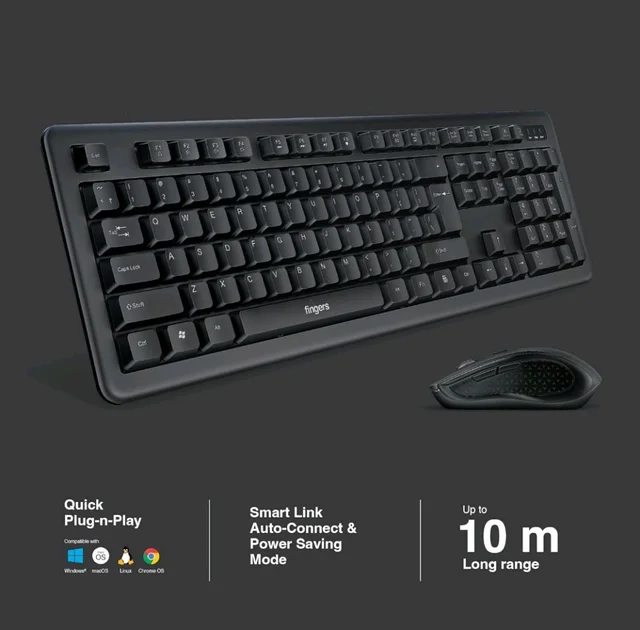 Fingers FINGERS Duo-Recharge Wireless Deskset Mouse + Keyboard Combo - Black