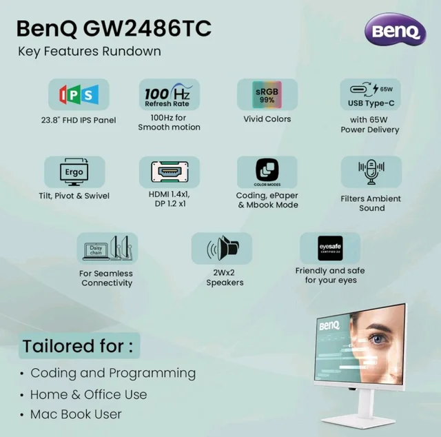 BenQ GW2486TC 24" IPS 100Hz Full HD Coding Monitor - White