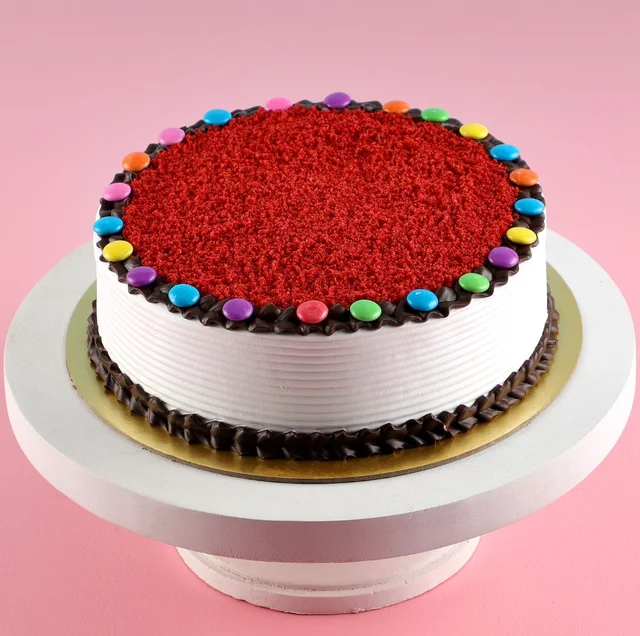 Red Velvet With Gems On Top Cake - Half Kg, Eggless