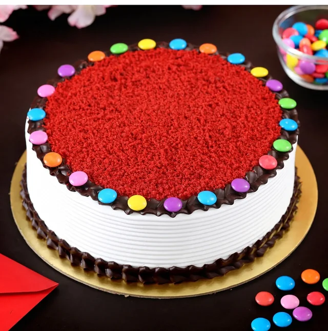 Red Velvet With Gems On Top Cake - Half Kg, Eggless