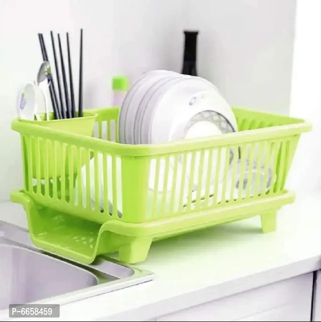 3 in 1 Green Large Durable Plastic Kitchen Sink Dish Rack Drainer Drying Rack Washing Basket with Tray for Kitchen, Dish Rack Organizers, Utensils Tools Cutlery Dish Drainer Kitchen Rack 6658459