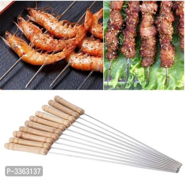 Barbecue Skewers for BBQ Tandoor and Grill, Tandoori BBQ Stick, Indoor/Outdoor BBQ Stick, Stainless Steel Stick with Wooden Handle (10pcs) 3363137