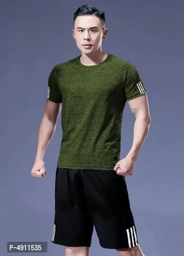 Men's Olive Polyester Striped Regular Fit Track Vests and Pants 4911535 - XL