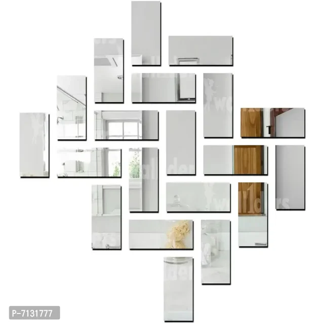 Designer 20 Rectangle Mirror Stickers For Wall, Kitchen- Silver  7131777