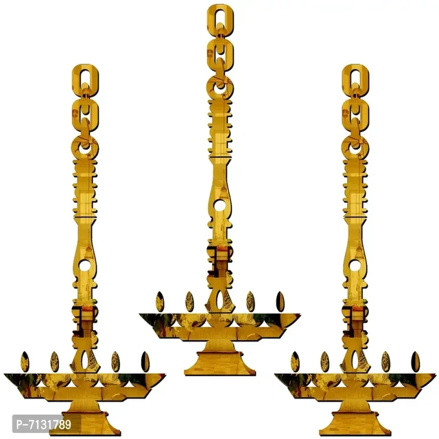 Designer 3 Hanging Diya Acrylic Mirror Wall Deacute;cor Stickers - Golden, Large Size 7131789