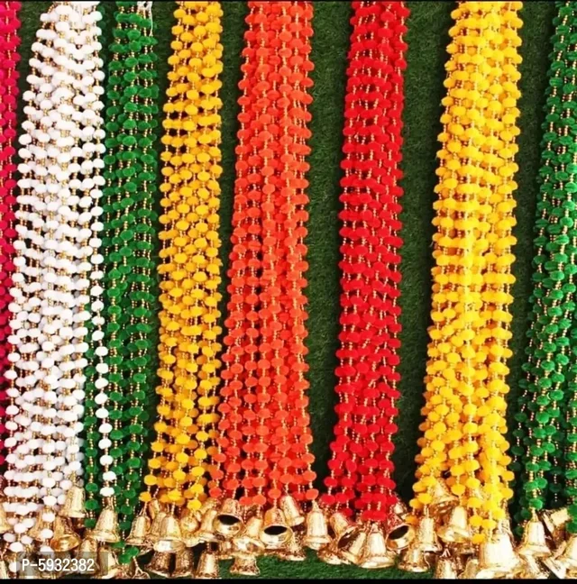 Handmade Wall Door Multicolor Pom Pom String with Golden Beads, Big Bell Hanging Torans Garland Bandhwar Decoration Item for Home Deacute;cor Diwali Festival, Navratri, (5 FT 6 Strings) (Green)5932382