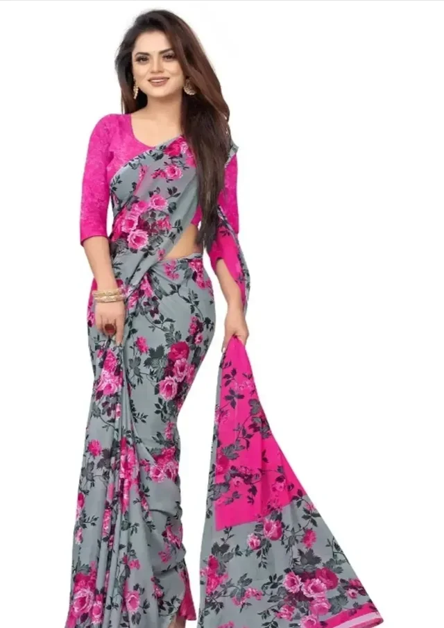 Georgette Printed Saree 12735854 - Magenta / Fuchsia