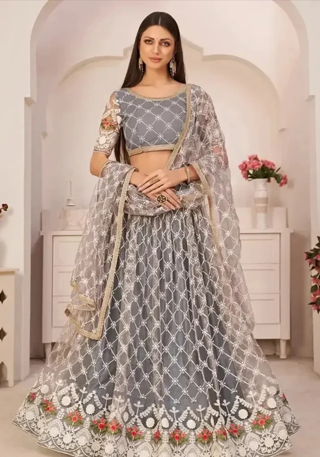 Tha Bats Selling designer Super Net With Silk Semi Stitched Lehenga Choli Free Size Grey Color 9979573