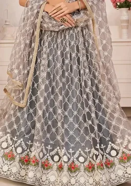 Tha Bats Selling designer Super Net With Silk Semi Stitched Lehenga Choli Free Size Grey Color 9979573