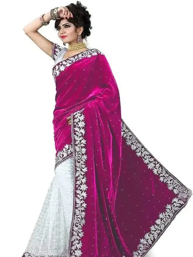 JULEE Womens Velvet and Rasal Net Half and Half Saree with Blouse Piece (Pink ) 8000174