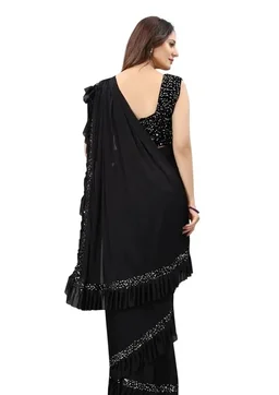 3Buddy Fashion Womens Solid Lycra Ruffle Ready to Wear Trending Saree with Sequence Lace Border (Black) ,9329845