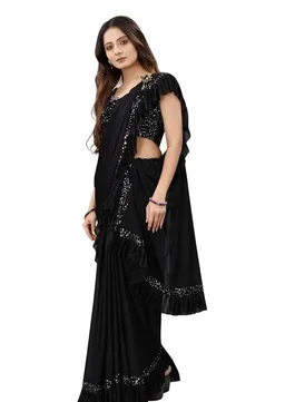 3Buddy Fashion Womens Solid Lycra Ruffle Ready to Wear Trending Saree with Sequence Lace Border (Black) ,9329845