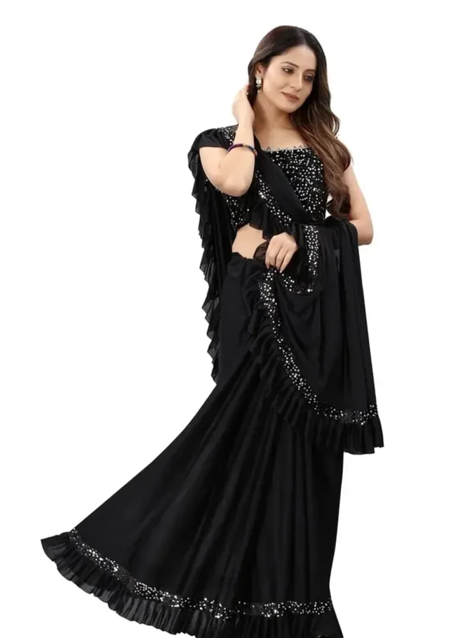 3Buddy Fashion Womens Solid Lycra Ruffle Ready to Wear Trending Saree with Sequence Lace Border (Black) ,9329845