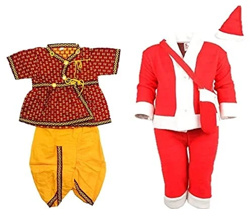 Baby Boys Cotton Traditional half Sleeve Rajasthani Dress with Dhoti and Santa Claus Dress (pack of 2)
