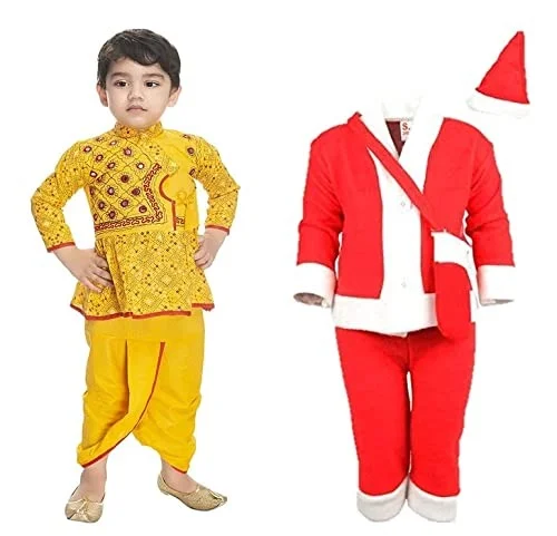 PK HUB Baby Boys Cotton Traditional Full Sleeve Yellow Rajasthani Angrakha Dress with Dhoti and Santa Claus Dress(PACK OF 2) - 2-3month