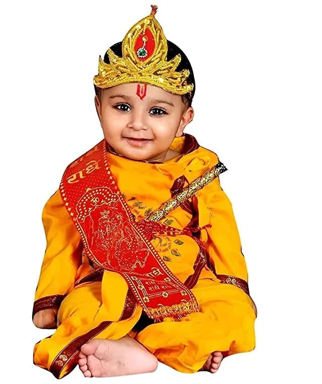 PK HUB® Krishna Kids Ethnic wear Costume in Cotton Fabric,Krishna Dress (Pack of 8 - Kurta, Dhoti, Bansuri, Mor Pankh, Mukut, Bandhni, Kundal, Mala) - 0-3month