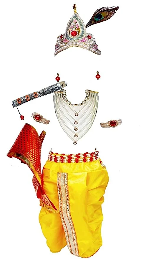PK HUB Krishna Dandiya Garbha Navratri Dress 15 (6-12 Months) Set of 10 Items, Dhoti, bansuri,kundal,kamarbandh,2 mala,Bandhani,mukut,morpankh and patka for Diwali - 1-2year