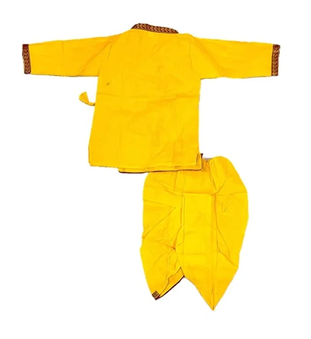 PK HUB Kids Cotton Yellow Krishna Style Kurta & Dhoti Dress (Pack Of 5-Kurta,Dhoti,Bansuri,Mukut,Patka) - 1-2year
