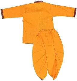 PK HUB® Krishna Dress Costume | Kids Cotton Yellow Krishna Style Kurta & Dhoti| Janamastami Special | Bal Gopal Dress for Baby Girls & Boys | Morepankh Printed Design - 2-3year