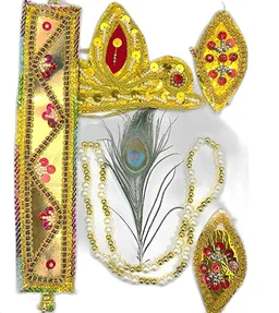 PK HUB® Kid's Krishna Kit, Bansuri, Mor Pankh, Mukut, Bandhani, Mala, Kundal