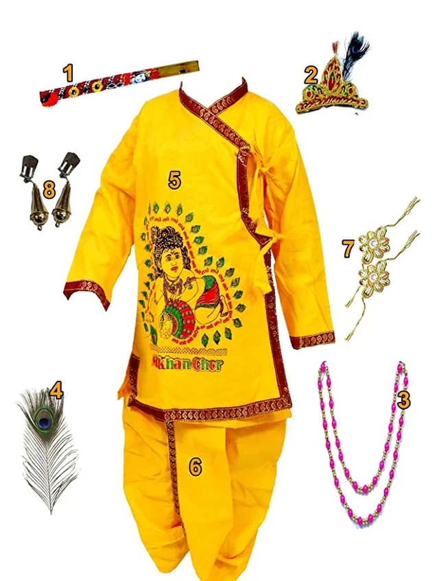 PK HUB® Kid's Cotton Fabric Krishna Dress with Dhoti, Kurta, Bansuri, Mor Pankh, Mukut, Bandhani, Mala, Kundal - Pack of 8 - 6-12month