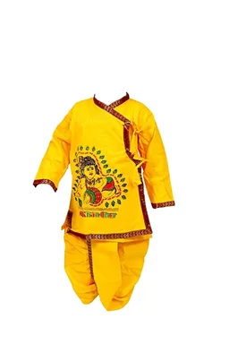 PK HUB® Kid's Cotton Fabric Krishna Dress with Dhoti, Kurta, Bansuri, Mor Pankh, Mukut, Bandhani, Mala, Kundal - Pack of 8 - 6-12month