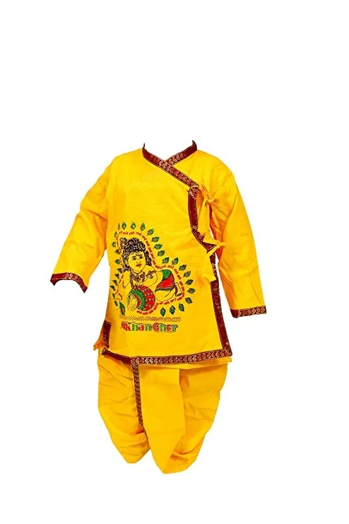 PK HUB® Kid's Cotton Fabric Krishna Dress with Dhoti, Kurta, Bansuri, Mor Pankh, Mukut, Bandhani, Mala, Kundal - Pack of 8 - 6-12month