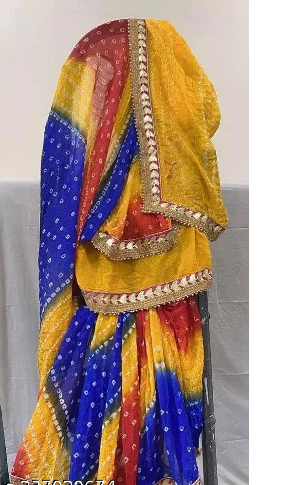PK HUB®Women's Silk Bandhani Saree Rajasthani Bandhej With gota patti moti less - MULTICOLORED