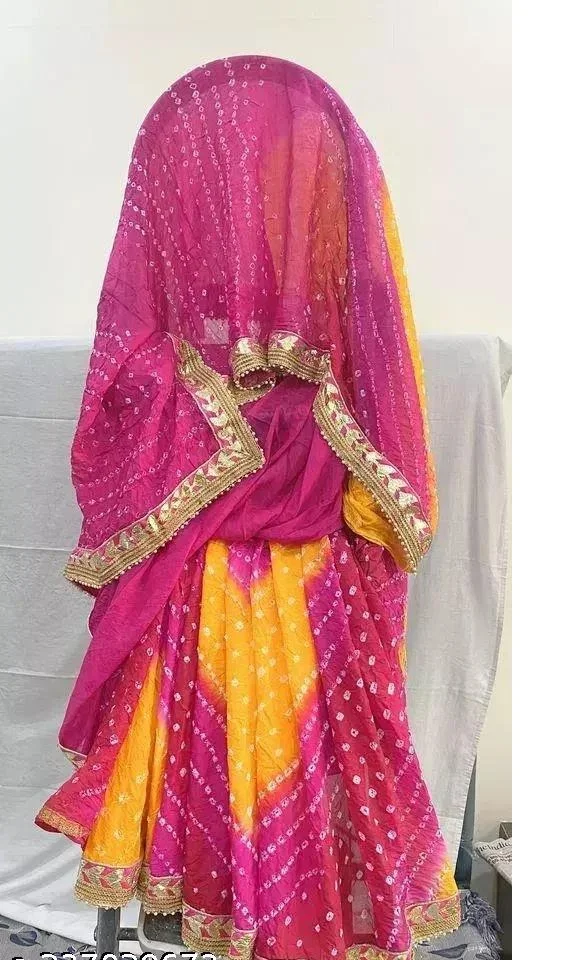 PK HUB®Women's Silk Bandhani Saree Rajasthani Bandhej With gota patti moti less - MULTICOLORED