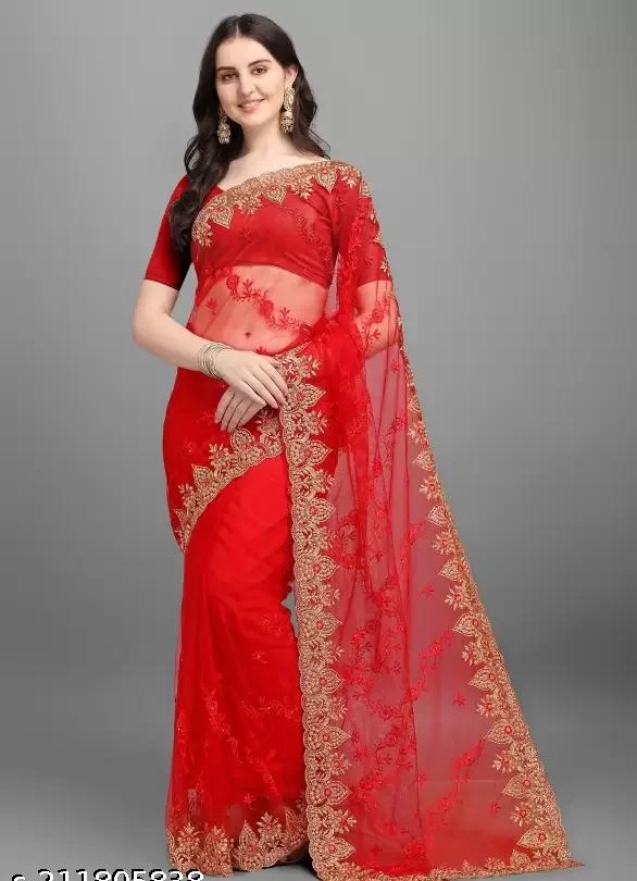 PK HUB Self Design, Embroidered, Embellished Bollywood Net Saree (Red) - red