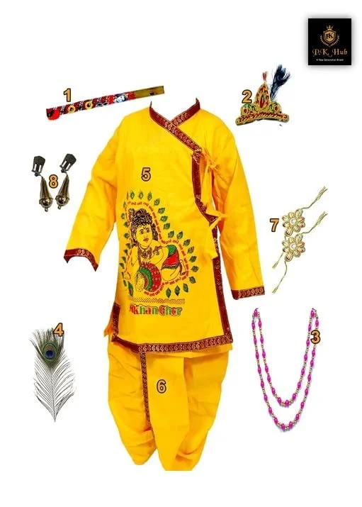 PK HUB Krishna Kids Dress 14 Ethnic wear Costume in Cotton Fabric, Pack of 8 (Dhoti, Kurta, BANSURI, MOR PANKH, MUKUT, BANDHNI, MALA, KUNDAL) - 1-2 year, yellow, 200 gm