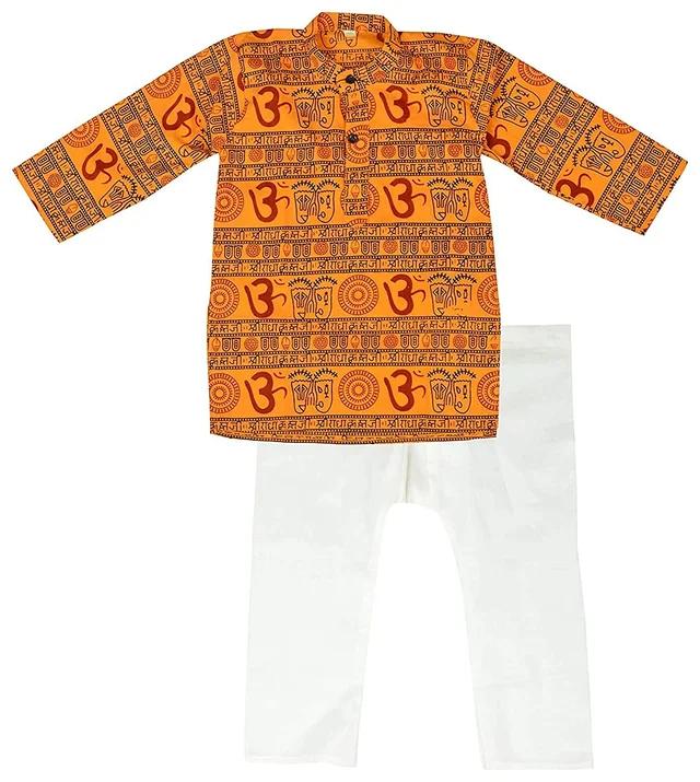 Boy's Ethnic Wear Om Printed Cotton Kurta Pyjama Dress Set 4 out of 5 stars - 1-2 YEAR, YELLOW