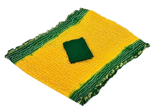 PK HUB®Women's Silk Gadhchola Bandhani Saree Rajasthani Bandhej With Zari Checks Saree With Blouse and Washable - GREEN&YELLOW