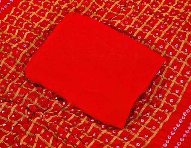 PK HUB®Women's Silk Gadhchola Bandhani Saree Rajasthani Bandhej With Zari Checks Saree With Blouse and Washable - RED
