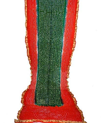 PK HUB®Women's Silk Gadhchola Bandhani Saree Rajasthani Bandhej With Zari Checks Saree With Blouse and Washable - GREEN&RED