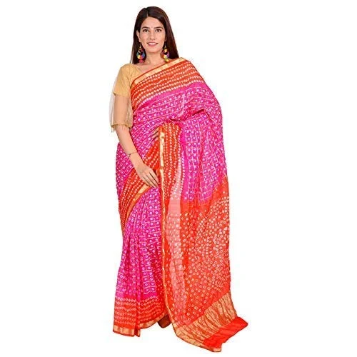 PK HUB®Women's Silk Gadhchola Bandhani Saree Rajasthani Bandhej With Zari Checks Saree With Blouse and Washable - PINK&RED