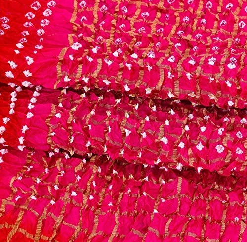 PK HUB®Women's Silk Gadhchola Bandhani Saree Rajasthani Bandhej With Zari Checks Saree With Blouse and Washable - PINK&RED