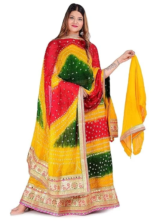 PK HUB Women's Jaipuri Crepe Lehenga Choli with Art Silk bandhej Dupatta Gota Patti Work - Free Size
