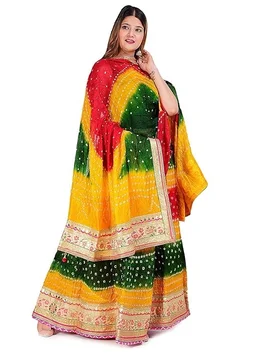 PK HUB Women's Jaipuri Crepe Lehenga Choli with Art Silk bandhej Dupatta Gota Patti Work - Free Size