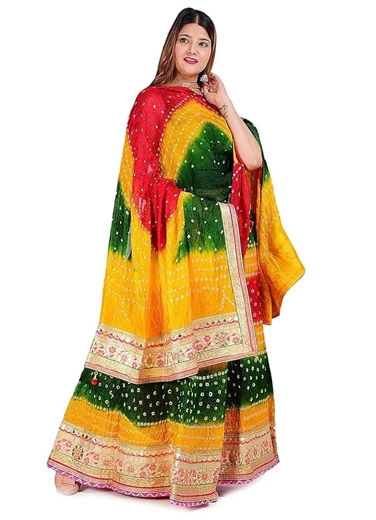 PK HUB Women's Jaipuri Crepe Lehenga Choli with Art Silk bandhej Dupatta Gota Patti Work - Free Size