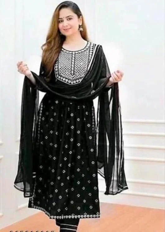 PK HUB Women’s Cotton Blend Embroidered Nayra Cut Kurti with Pant and Dupatta – Elegant 3-Piece Kurta Set for Girls & Women - L, Black