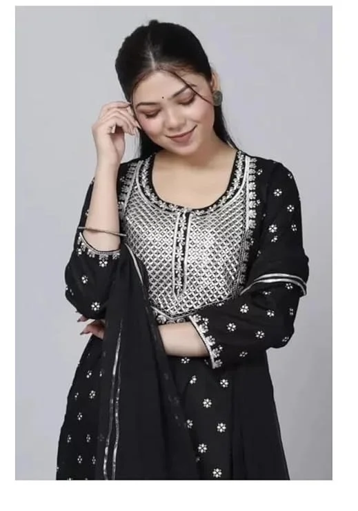 PK HUB Women’s Cotton Blend Embroidered Nayra Cut Kurti with Pant and Dupatta – Elegant 3-Piece Kurta Set for Girls & Women - L, Black