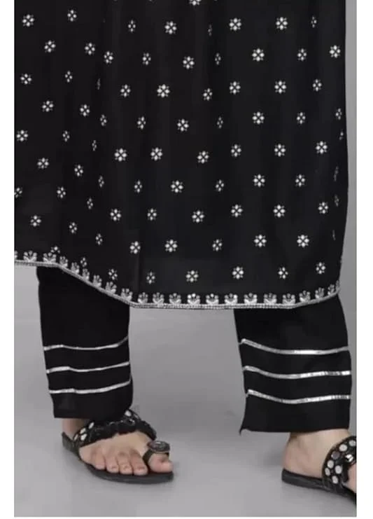PK HUB Women’s Cotton Blend Embroidered Nayra Cut Kurti with Pant and Dupatta – Elegant 3-Piece Kurta Set for Girls & Women - L, Black
