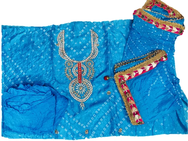 Art Silk Bandhani Gota Patti Work Un-Stitched Salwar Suit Dress Material - Light Blue