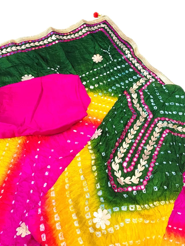 Art Silk Bandhani Gota Patti Work Un-Stitched Salwar Suit Dress Material - Multicolor