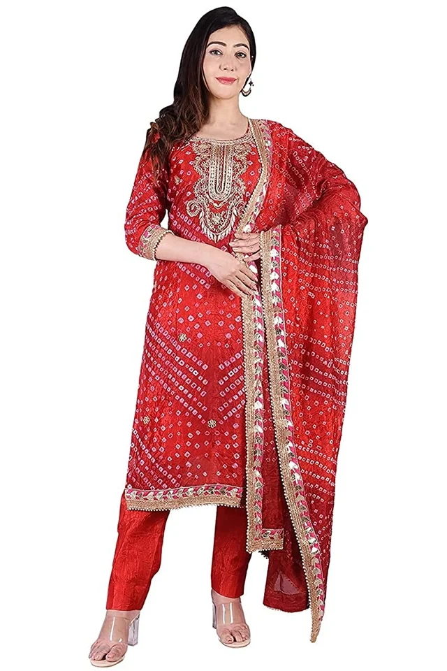 Art Silk Bandhani Gota Patti Work Un-Stitched Salwar Suit Dress Material - Red