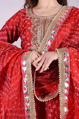 Art Silk Bandhani Gota Patti Work Un-Stitched Salwar Suit Dress Material - Red