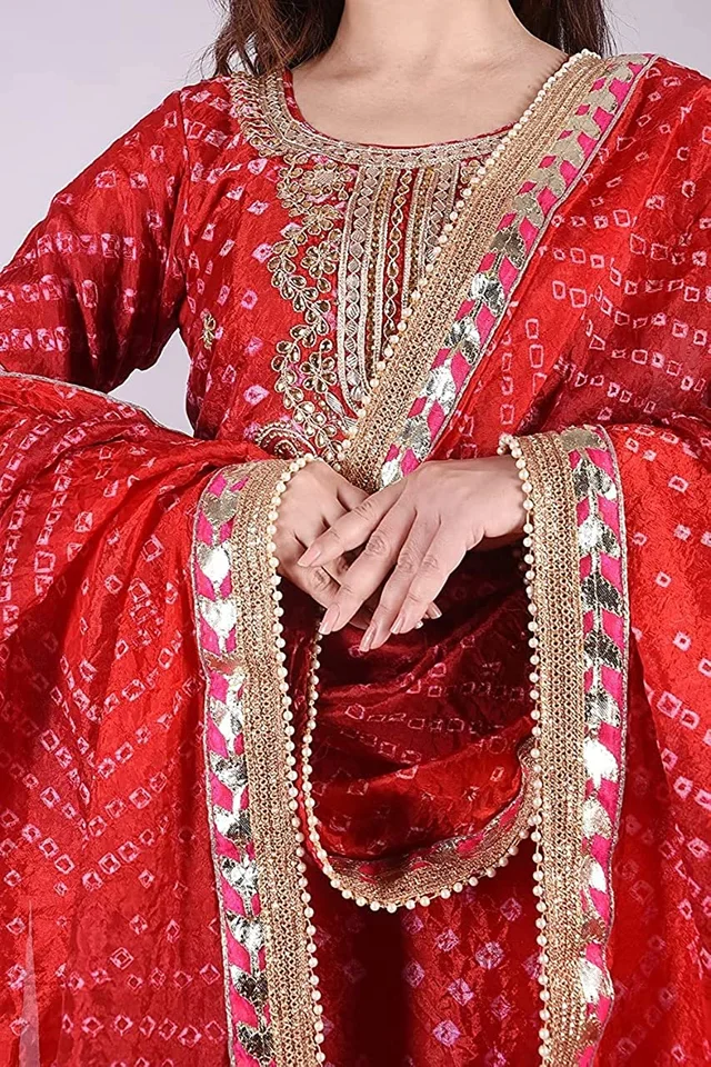 Art Silk Bandhani Gota Patti Work Un-Stitched Salwar Suit Dress Material - Red