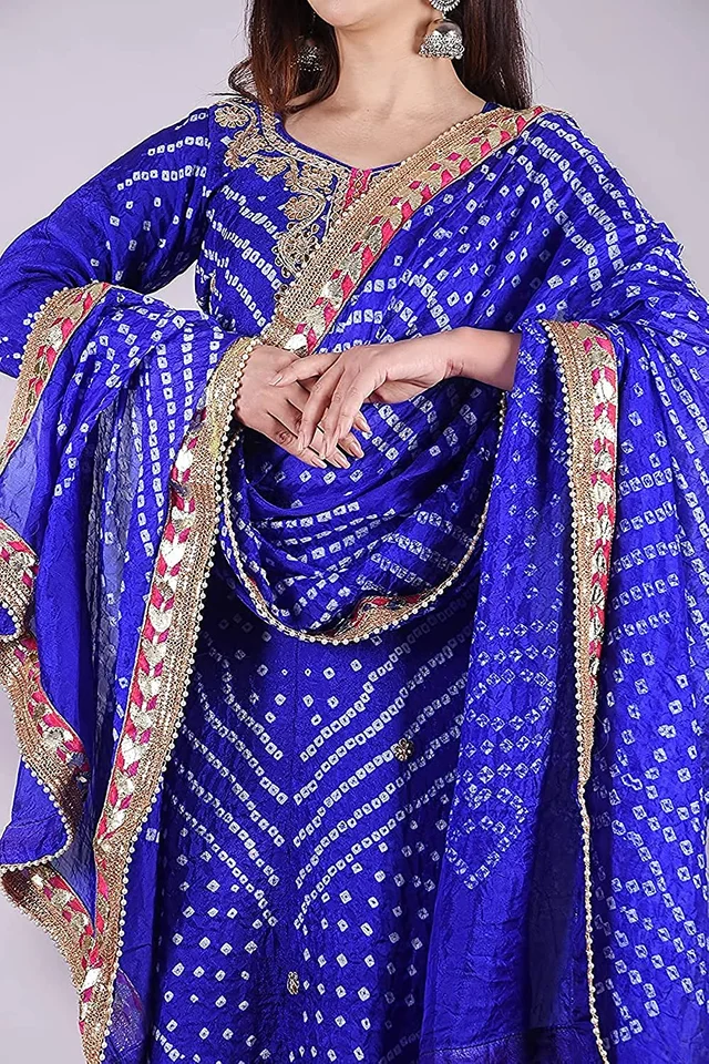 Art Silk Bandhani Gota Patti Work Un-Stitched Salwar Suit Dress Material - Blue