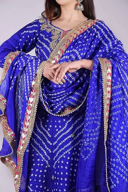 Art Silk Bandhani Gota Patti Work Un-Stitched Salwar Suit Dress Material - Blue